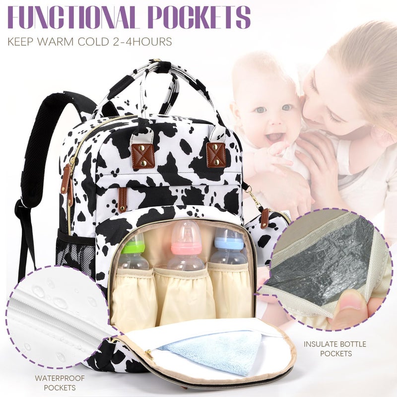Tuwubi Diaper Bag Backpack, Baby Essentials Travel Tote Bag, Multi function Waterproof Backpacks, Travel Essentials with Stroller Straps & Pacifier Case - Cow Print - Image 3